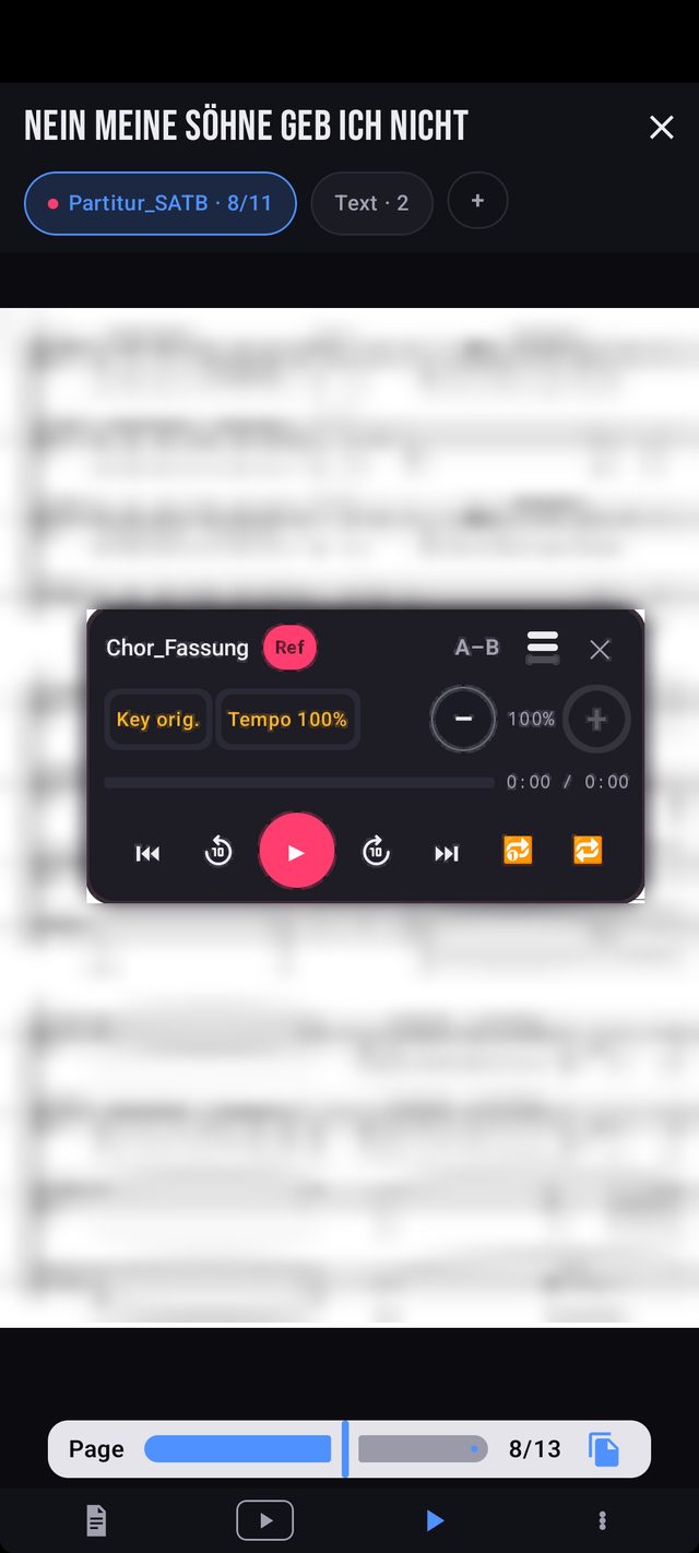 Choir score on a phone with the audio player of the choir version