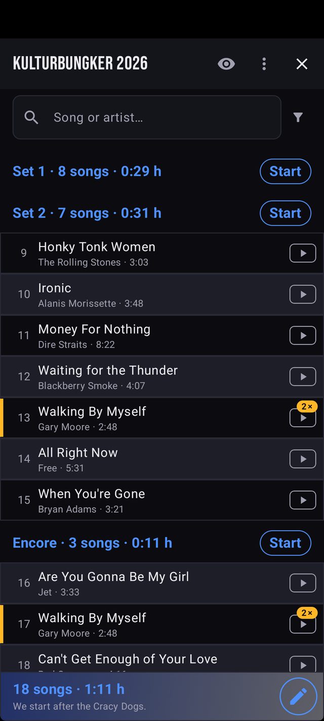 Setlist “Kulturbunker 2026” in the Android app: two sets and an encore, each with song count, length and a start button