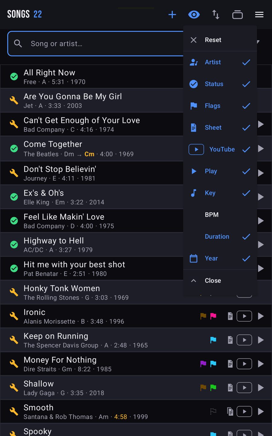 The band’s song list on a tablet with artist, key, length, year, status and flags