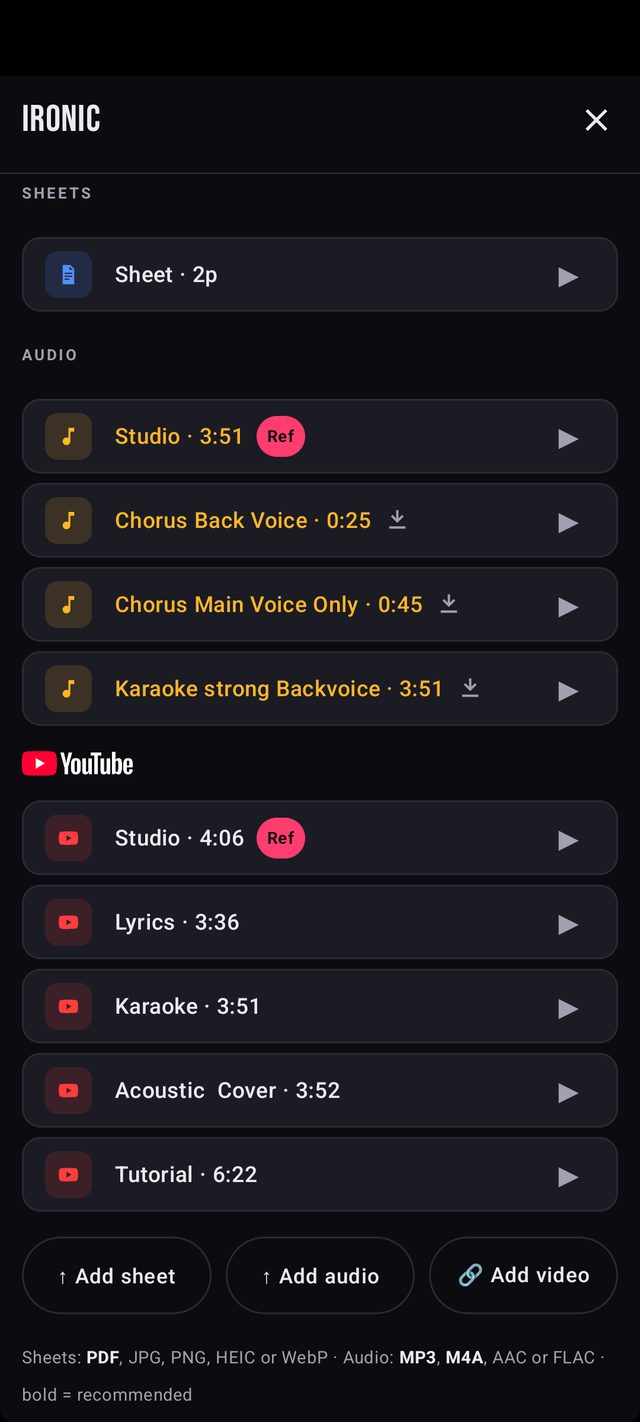Files and links for the song “Ironic”: one lead sheet, four audio files and five YouTube videos, the studio version marked as reference