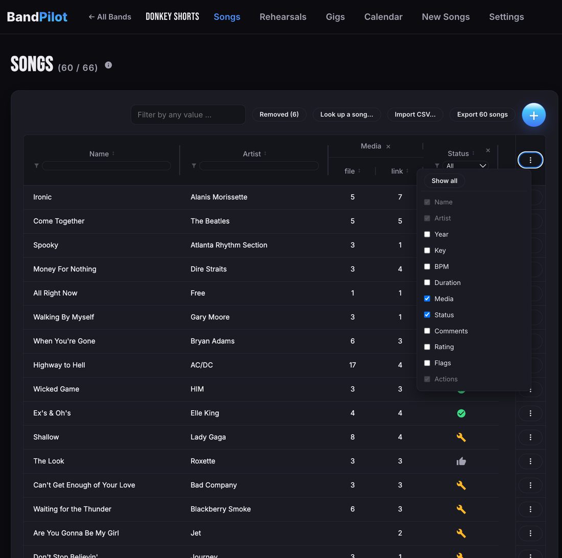 The band’s song list in the web app with columns for artist, key, BPM, media and status