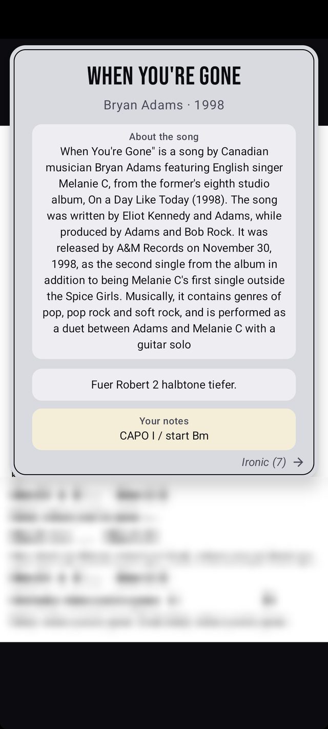 Song intro for “When You’re Gone” with a description, a band comment and a personal note