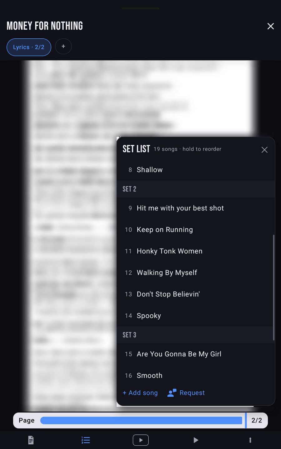 Lead sheet on a tablet with the setlist navigator open: sets, songs, add song and audience request