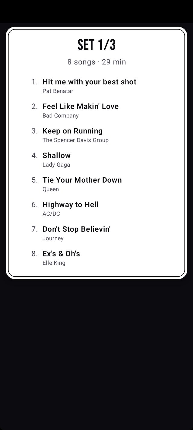 Set overview “Set 1/3” on a phone with eight songs and 29 minutes of playing time