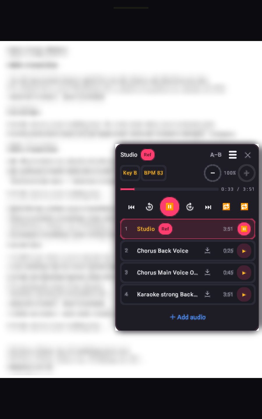 Audio player on a tablet over a lead sheet: key, tempo, A–B loop and four recordings of the song