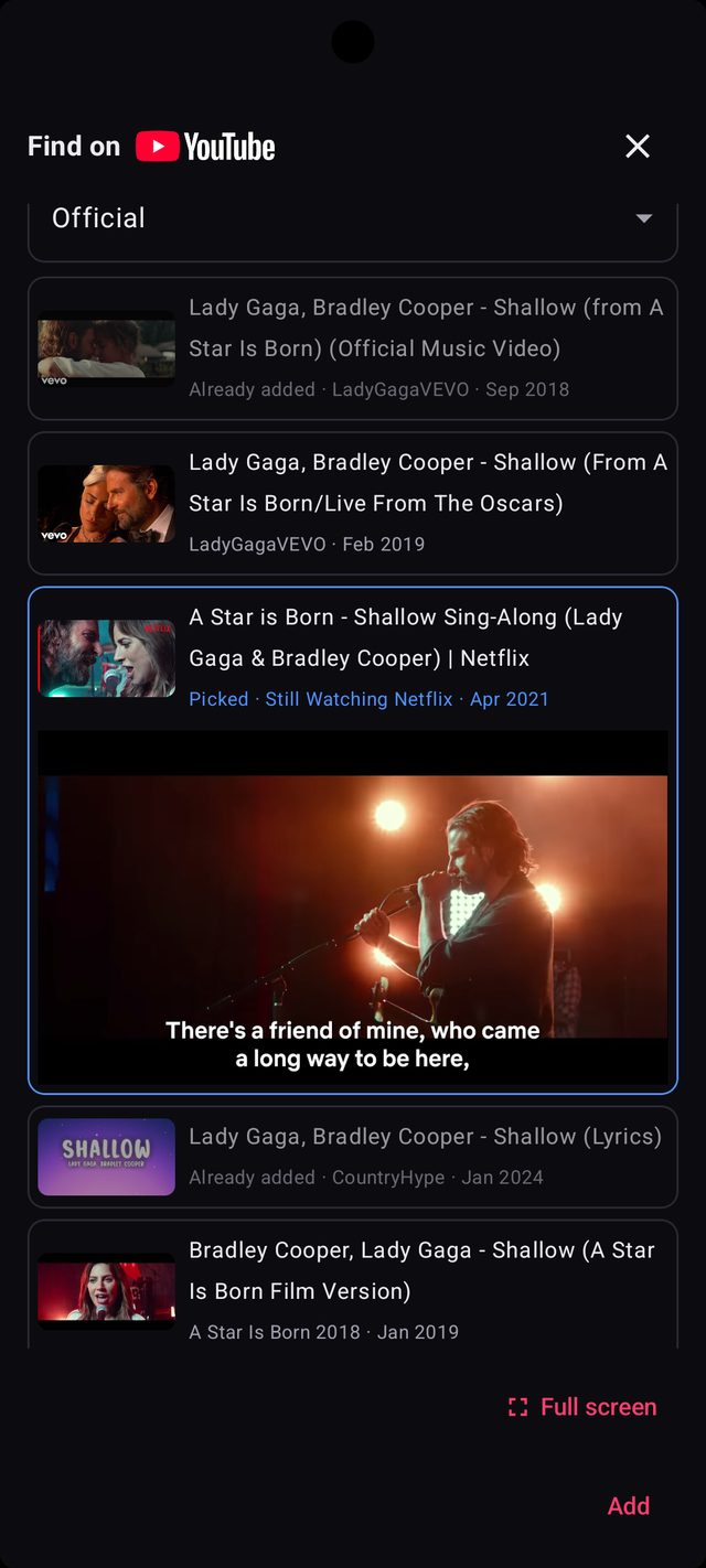 YouTube search in the app with the version “Official” and several results