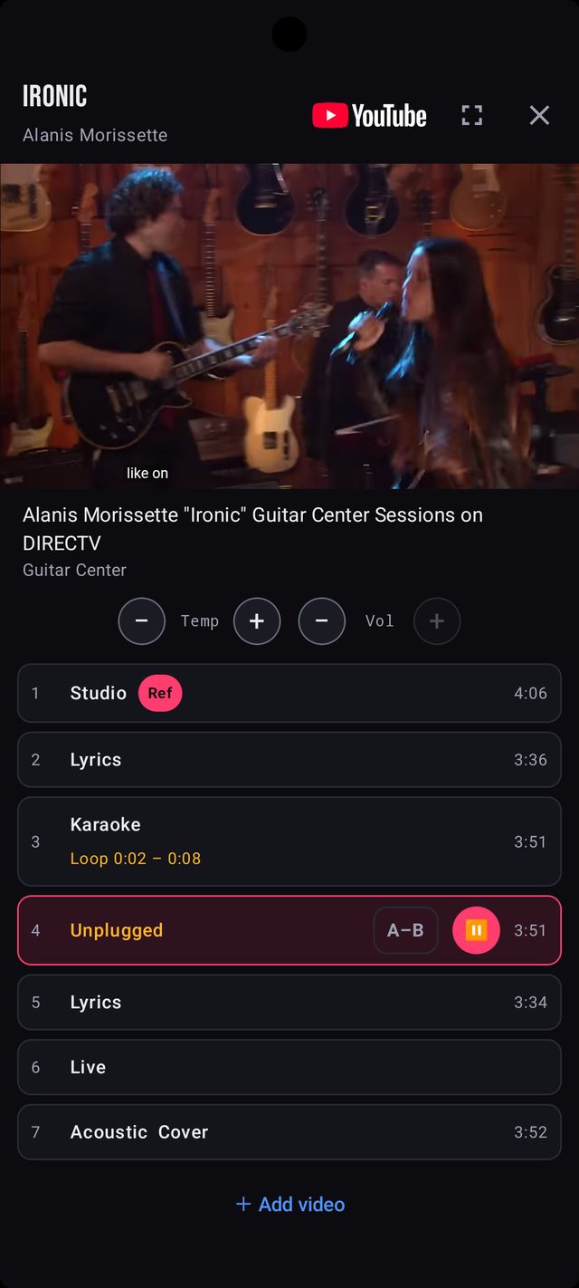 YouTube player in the app with tempo, volume and several videos of a song