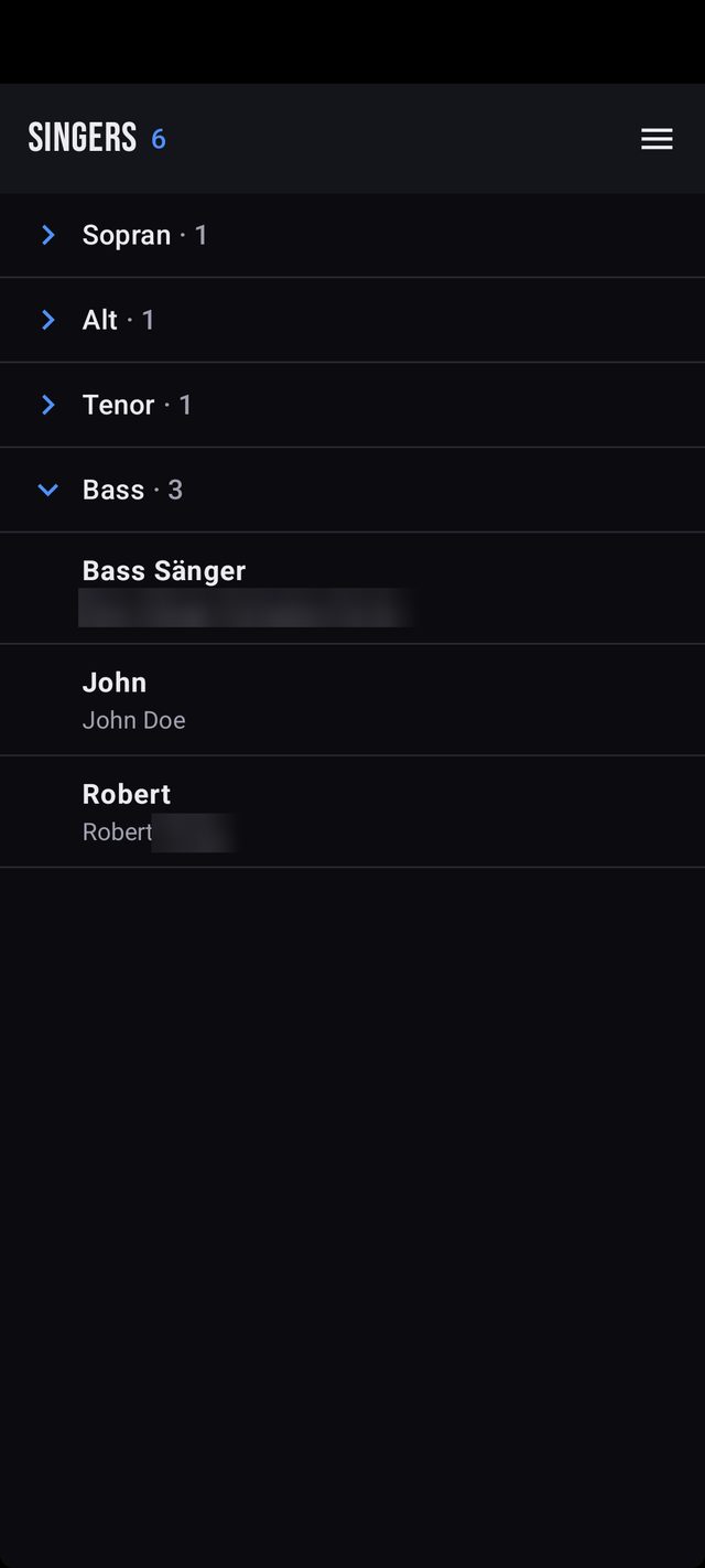 A choir’s singers grouped by voice: soprano, alto, tenor and bass
