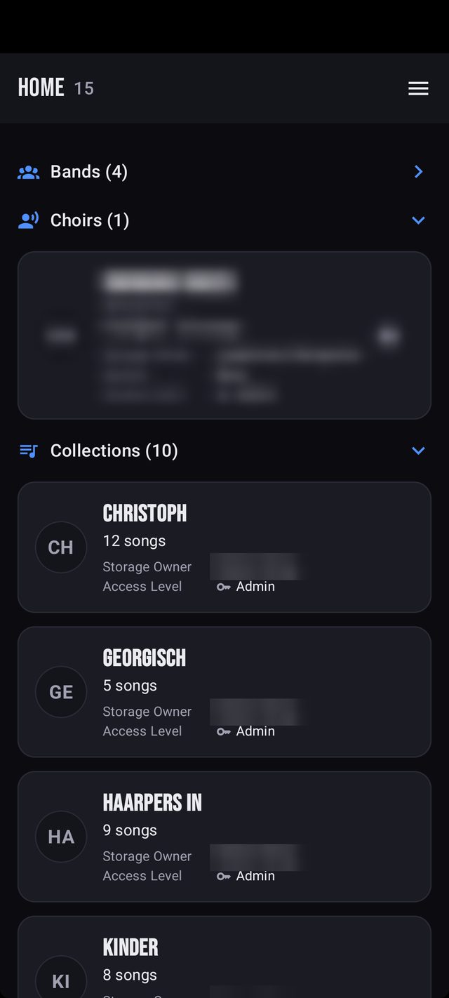 The app’s home page with bands, choirs and collections
